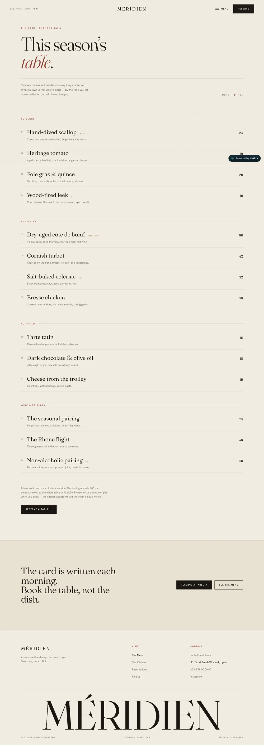 Méridien — Menu page