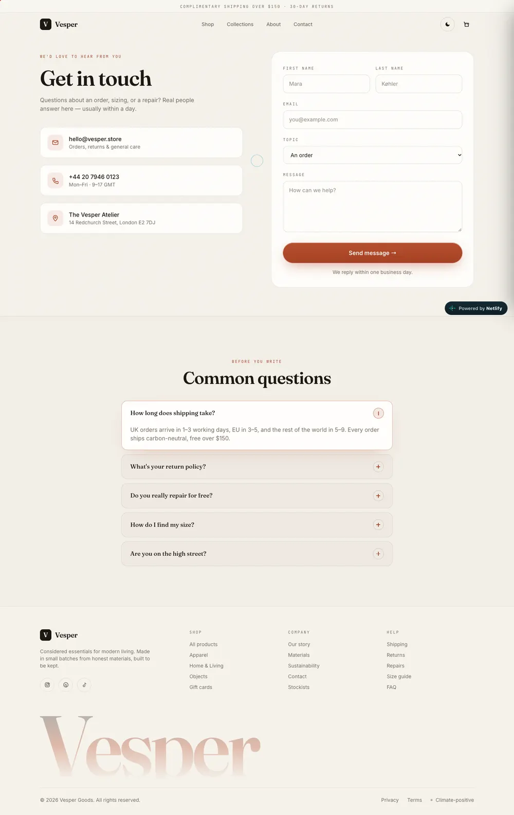 Vesper — Contact page